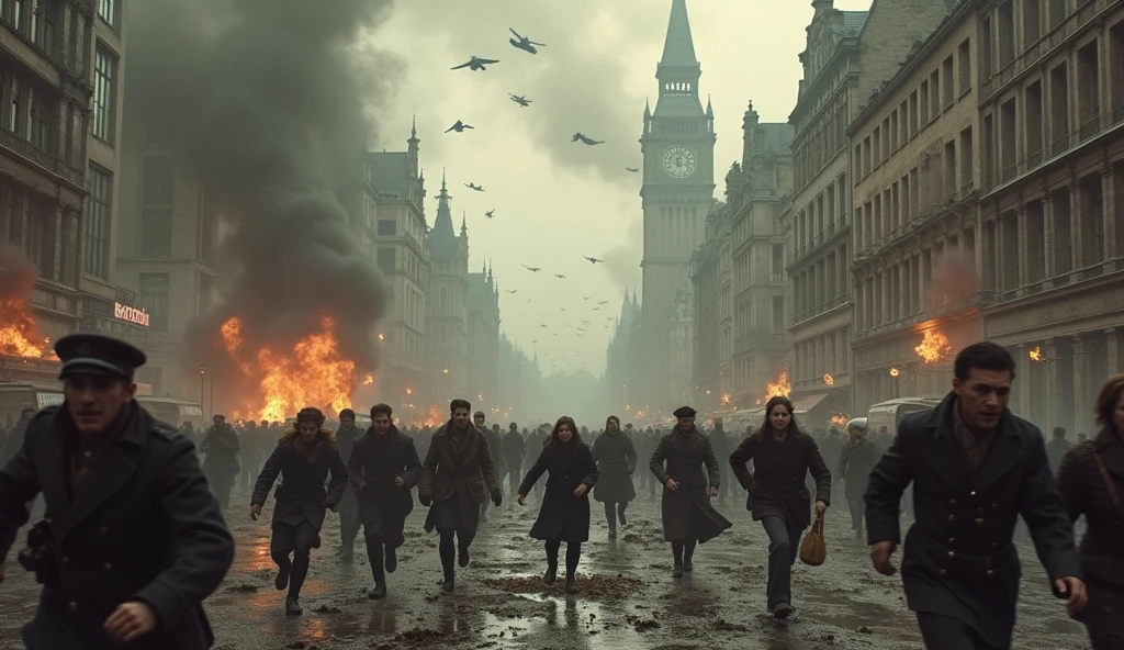 1917; (masterpiece, best quality) destroyed city (London) people running through the streets, in the background; war planes flying over the city, dropping bombs.