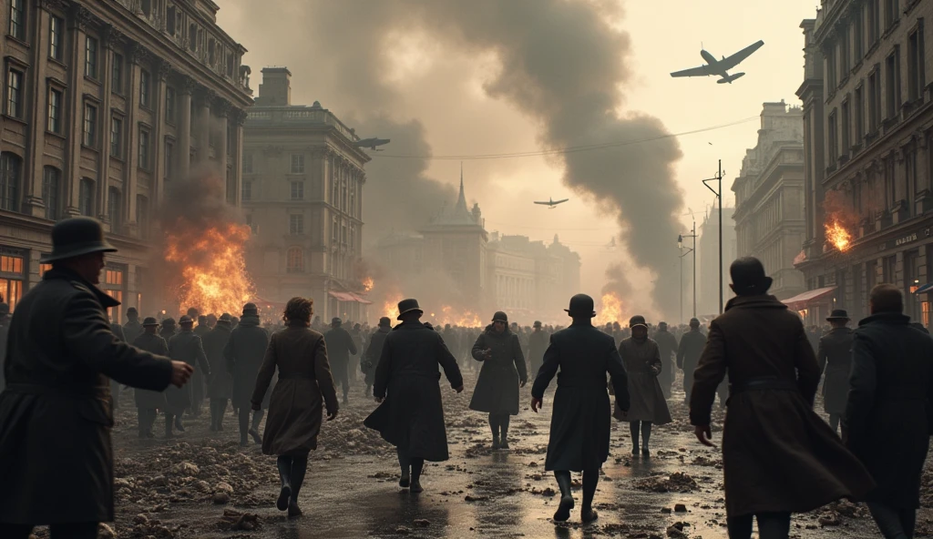 1917; (masterpiece, best quality) destroyed city (London) people running through the streets, in the background; war planes flying over the city, dropping bombs.