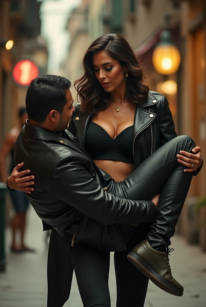Nora fatehi in black leather jacket lifting and picking up a chubby man in her arms , full view