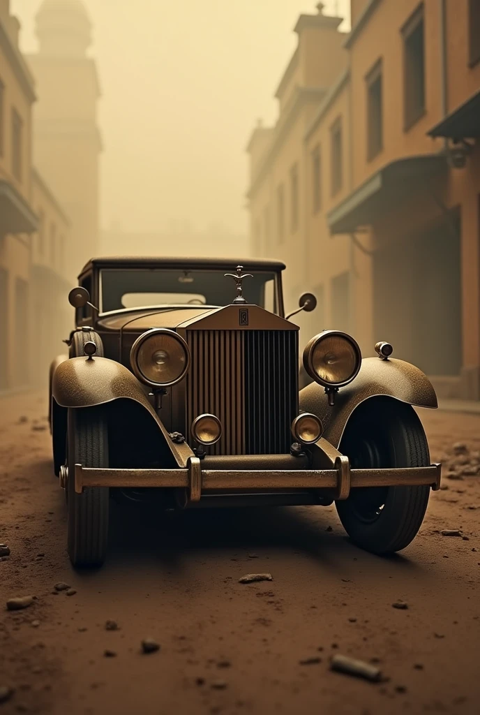 A rolls roills old car is standing, look like old picture, dust , the light is on
