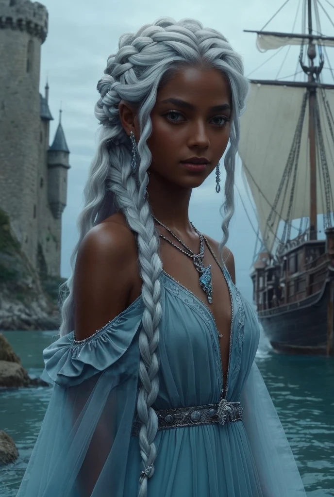 Princesa Maelys Veleryon, black, braided silver hair, lilac eyes with a necklace with a seahorse as a pendant, with blood spattered clothes riding a huge black dragon