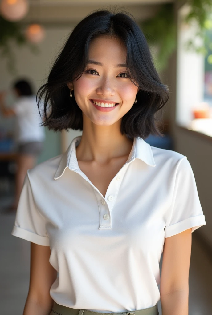 woman、2、Black Hair、Very Short Hair、skinny、White polo shirt、Her chest is a D cup、A fun atmosphere、whole body、Asian Face、Driving