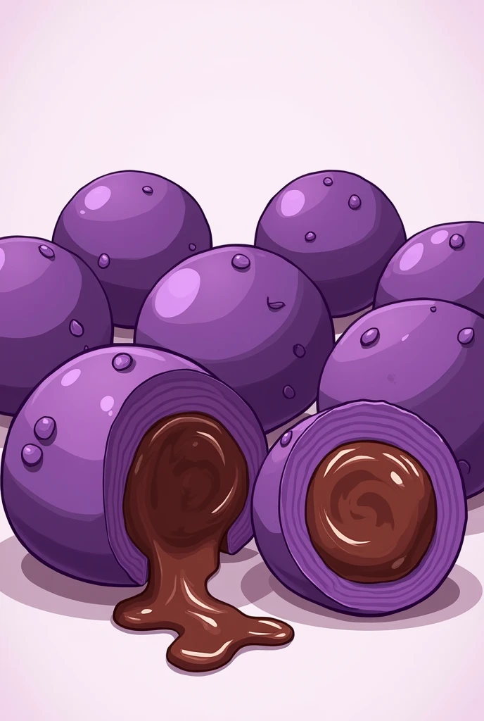 Give me a picture like a cartoon that align in UBE BALLS WITH MOLTEN CHOCOLATE INSIDE WHEN IT SLICED PLEASE 
