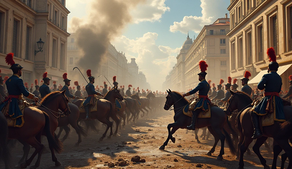 1805 (masterpiece, best quality) destroyed city (Paris); La Grande Armée soldiers fighting in the streets