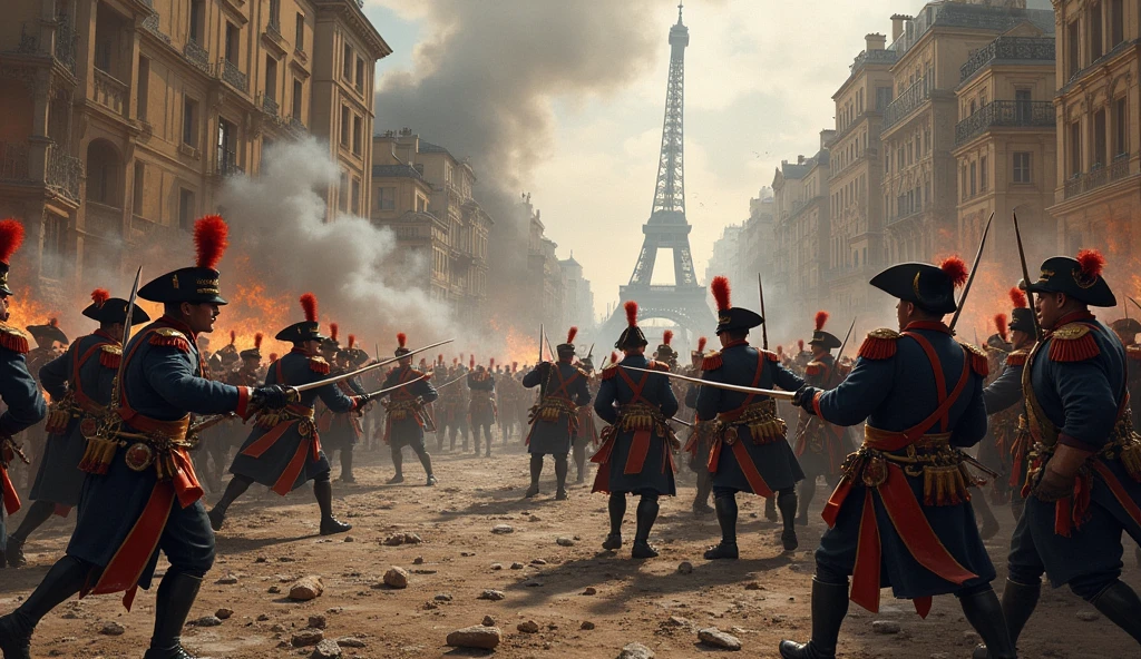 1805 (masterpiece, best quality) destroyed city (Paris); La Grande Armée soldiers fighting in the streets