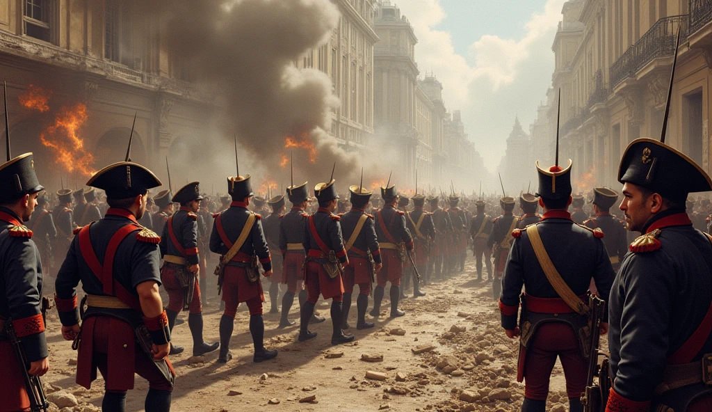 1805 (masterpiece, best quality) destroyed city (Paris); La Grande Armée soldiers fighting in the streets