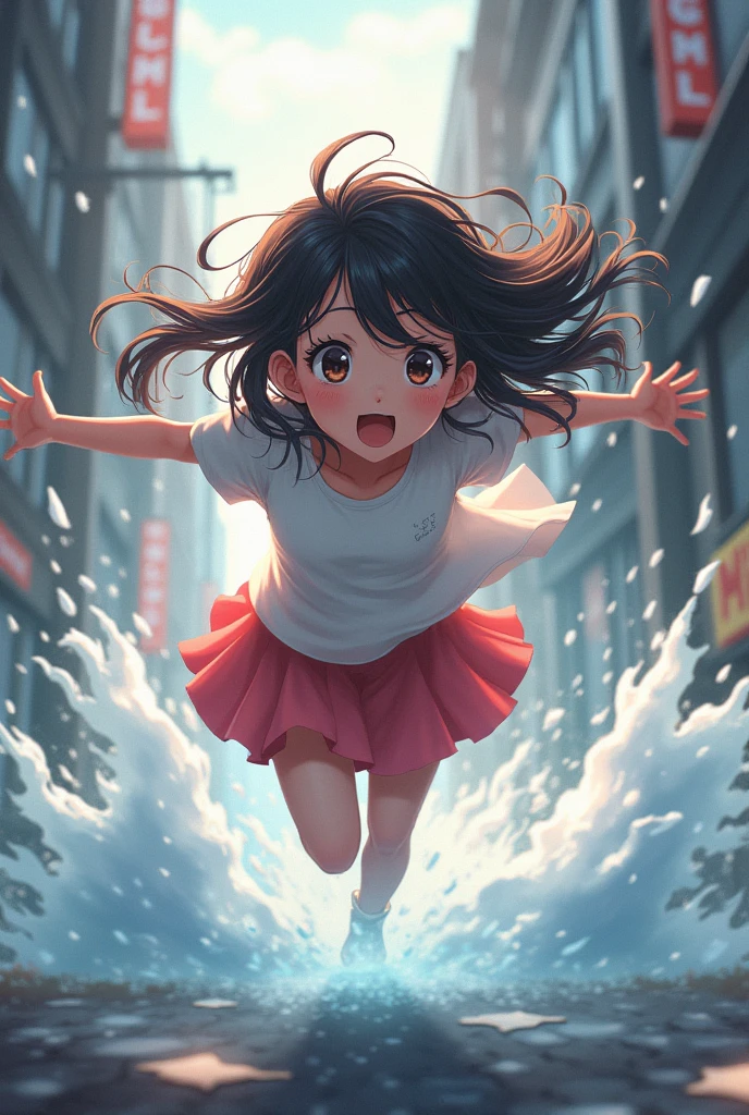 A girl gets swept and falls in the anime match
