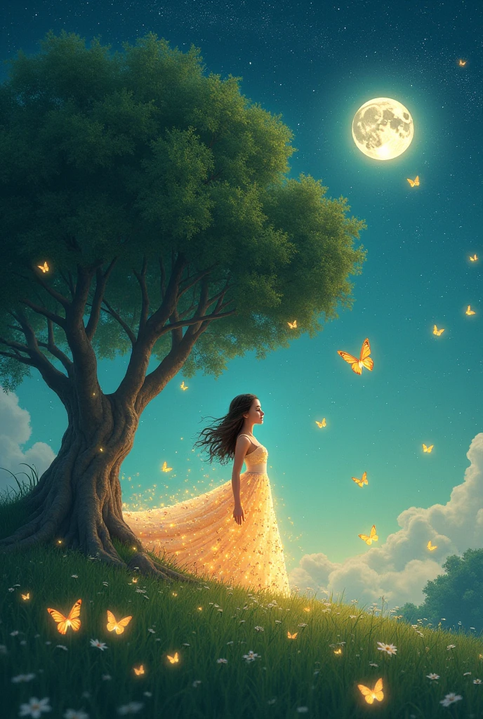 dreaming girl, world with galaxy and moon, butterflies on green meadow, bright, big tree, long dress made of stars, at night
