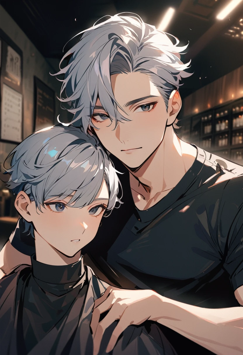 handsome boy with grey hair and black eyes, barber cut, well-shaped nose, closed lips, wears a black jacket