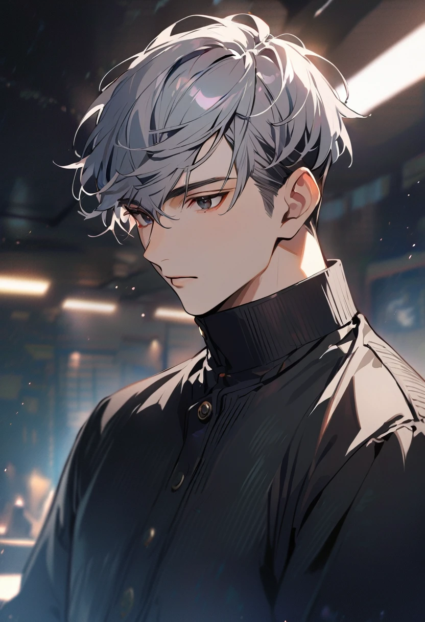 handsome boy with grey hair and black eyes, barber cut, well-shaped nose, closed lips, wears a black jacket
