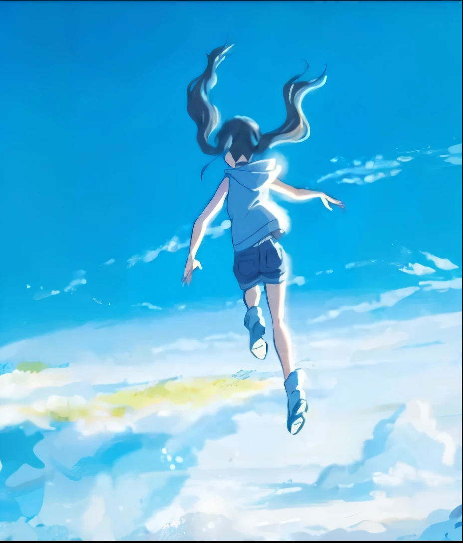 Weathering With You、Xin Haicheng、Floating gracefully、Back view、Twin tails、Twin tailsがフワフワとしている、No sleeve、I can see both arms。Hooded、Floating in the sky、Shorts、Loose socks、blue sky、cloud、Stereo、3d、Blue Sky、high resolution、Ultra-high resolution、Ultra high color、Panorama、Wide angle、Wide、horizontal line、curve、Stereoなcloud、Floating gracefully、weightless pose、