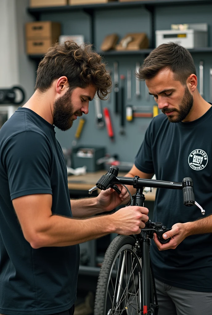 Two mens with a t Shirt written skcf bike point with repairing tools