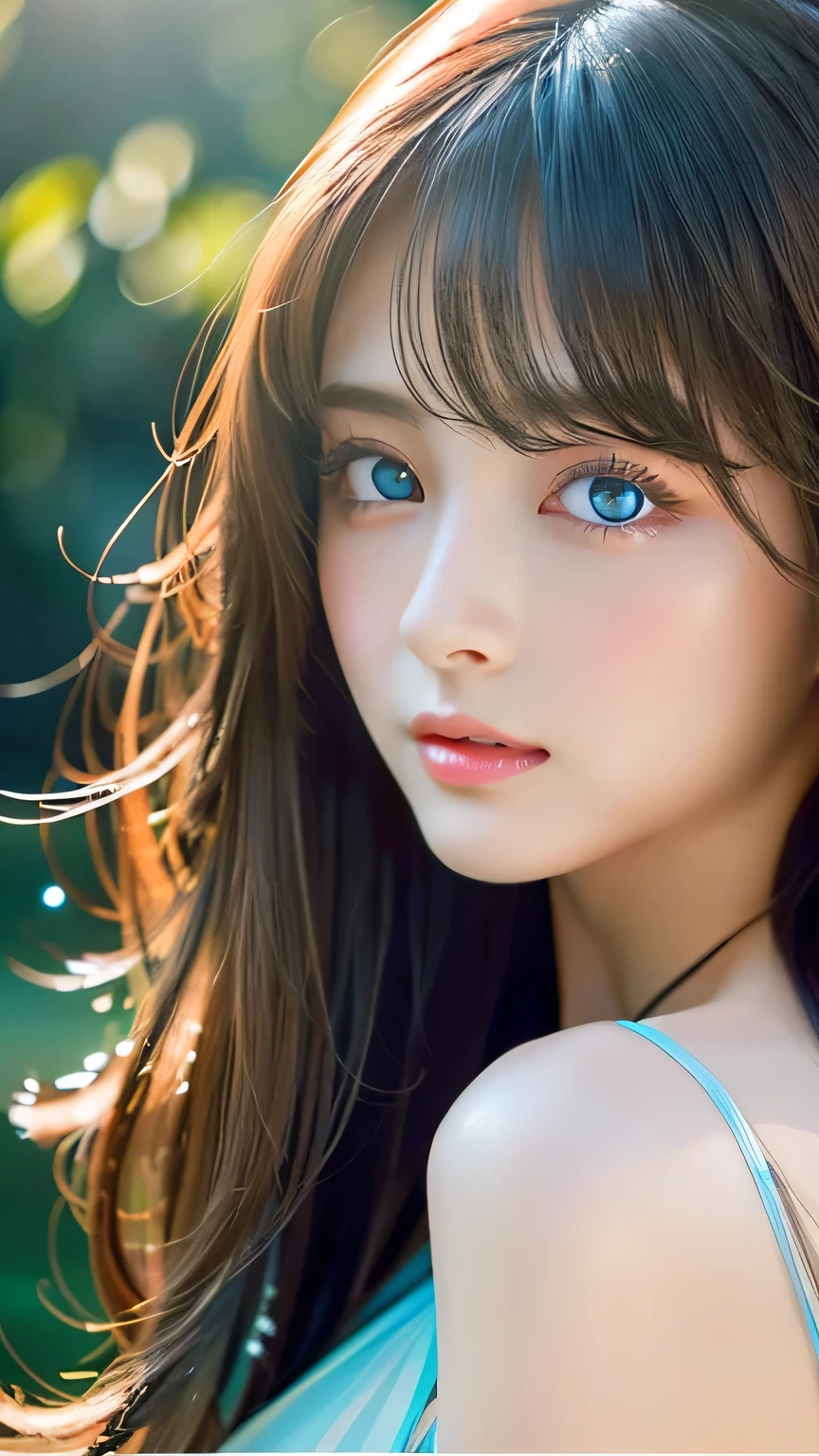 Unparalleled beauty, Shiny, firm, glowing skin, Bangs between the eyes, Beautiful luster,  Super long wavy hair with bangs, Super long straight silky hair, eyeliner, sexlyで美しい無邪気なギャル, High resolution, Very bright and beautiful big glowing light blue eyes、Very big eyes、Beautiful and adorable, ((Huge ))、((erotic、sexly、超High resolution、The lighting is bright、Precise needles without discomfort))、