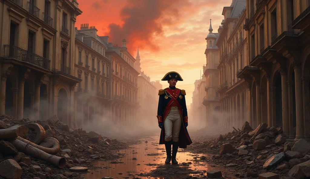 1805 (masterpiece, best quality) destroyed city (Paris); NApoleão Bonaparte in the streets