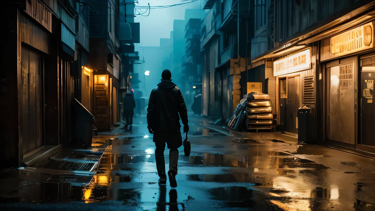 a poor african american man, walking through a dimly lit city street at night, rugged facial features, worn clothing, hands in pockets, detailed portrait, dramatic lighting, moody atmosphere, cinematic composition, gritty urban environment, puddles reflecting streetlights, neon signs in the distance, sense of isolation and hardship, (best quality,4k,8k,highres,masterpiece:1.2),ultra-detailed,(realistic,photorealistic,photo-realistic:1.37),cinematic,dramatic lighting,moody,gritty urban,neon signs,sense of isolation