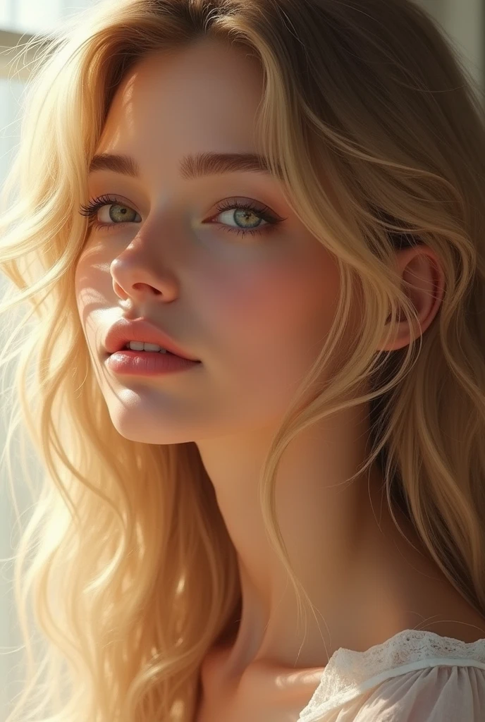 a close up of a woman with a very long blond hair, airbrush digital oil painting, glossy digital painting, photorealistic beautiful face, digital airbrush painting, realistic digital painting, elegant digital painting, realistic beautiful face, stunning digital painting, digital art picture, digital art portrait, in style of digital painting, airbrush digital art, hyperrealistic beautiful face