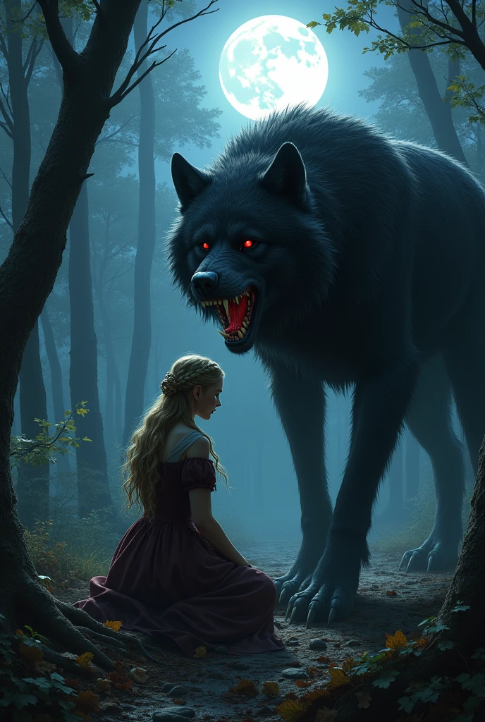 A woman young, blonde hair golden colored strands, 20 year, dressed in Sansa Stark style, fallen on the ground in fear, above her a black werewolf with red eyes looking at her, in the forest on a full moon night