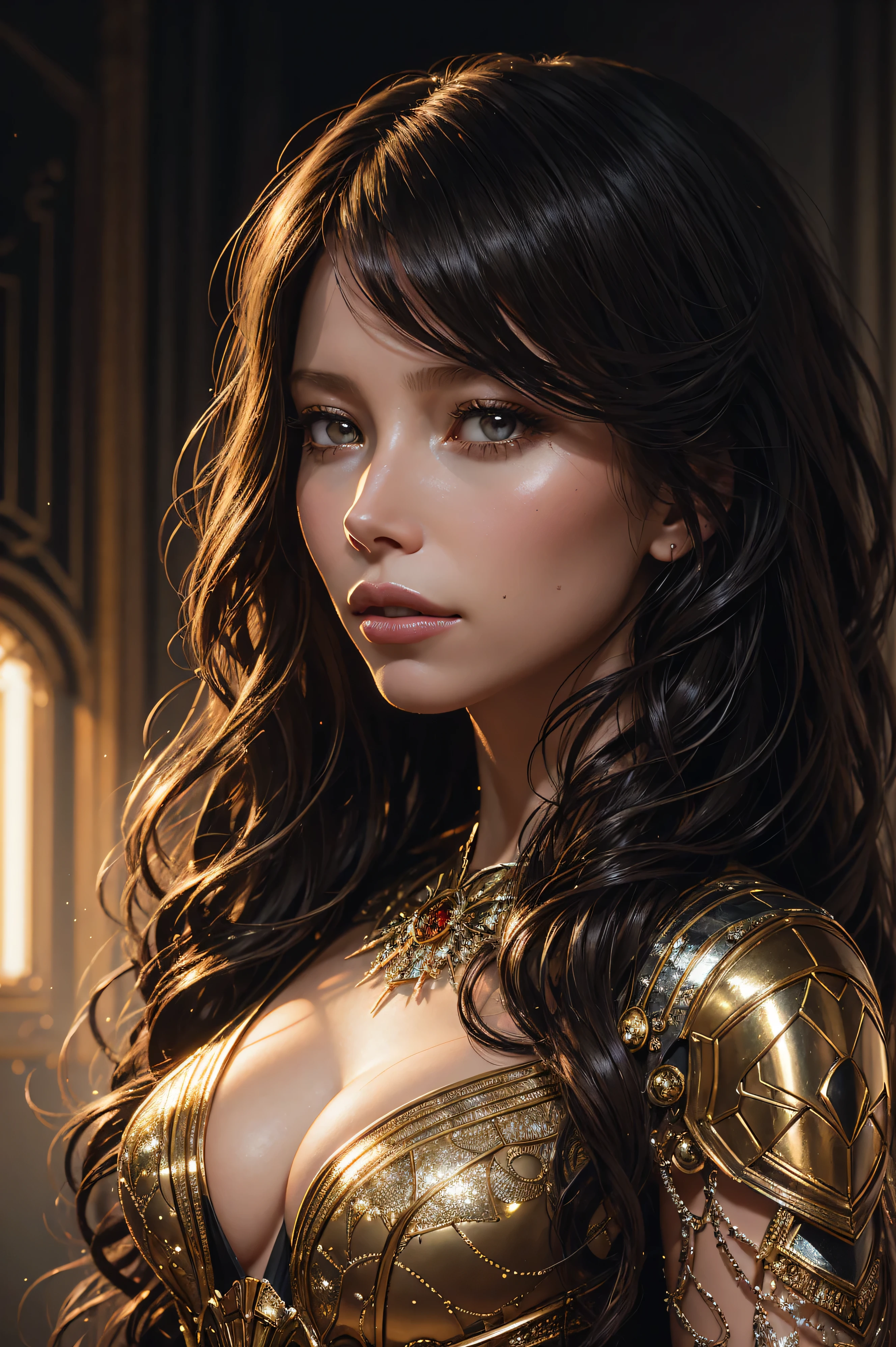 portrait Jessica Biel, wearing beauty spider outfit, in a spider's web, 2 0 3 0 s, curly hair, intricate, elegant, highly detailed, digital painting, artstation, concept art, smooth, sharp focus, illustration, art by thomas kindkade, charlie bowater, artgerm, greg rutkowski, alphonse mucha and alexandra fomina, 36k, glittering, shining