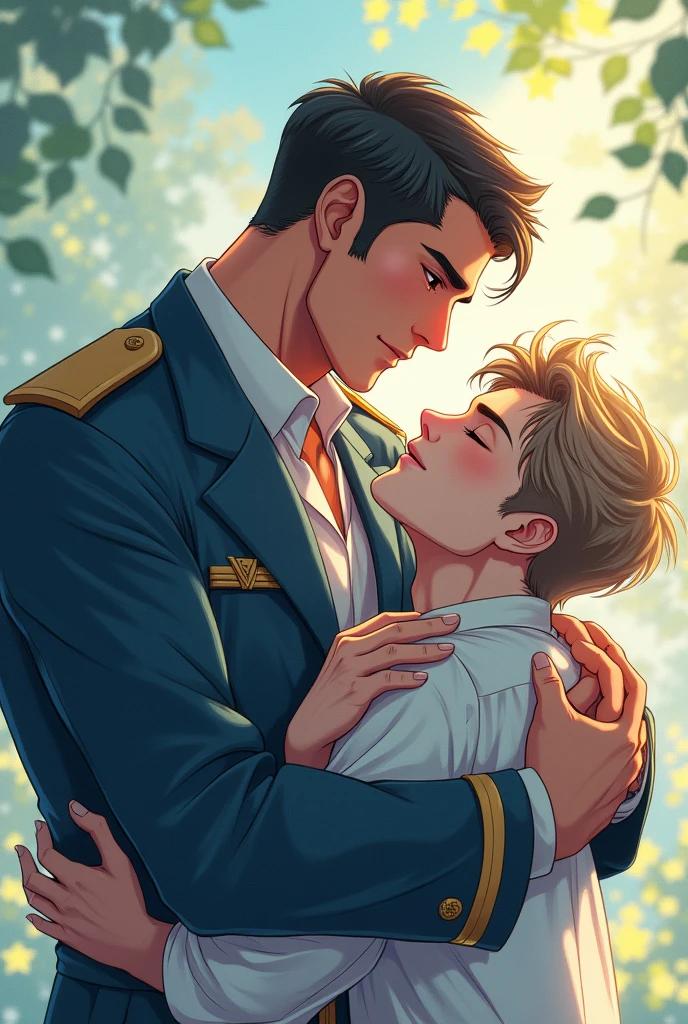 anime, a domineering military man is holding a sickly male scientist in his arms, male-male love, danmei, handsome, bright fresh asmosphere, boylove