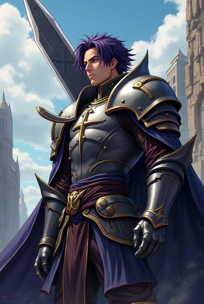 A character for my role-playing game has to look like this; man, noting that it measures 1.20cm tall, Tez blanca, hair between very dark purple and black, carrying a very large and heavy sword on his back, wearing semi-heavy armor, with a big arrogant smile, in the style of medieval anime role-playing, doing a pose from the anime jojos, with medium musculature