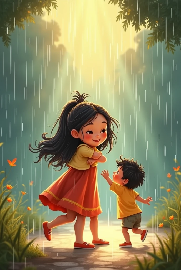Marathi book cover for children poems including mother daughter hugging, children playing, rainy background sun shine