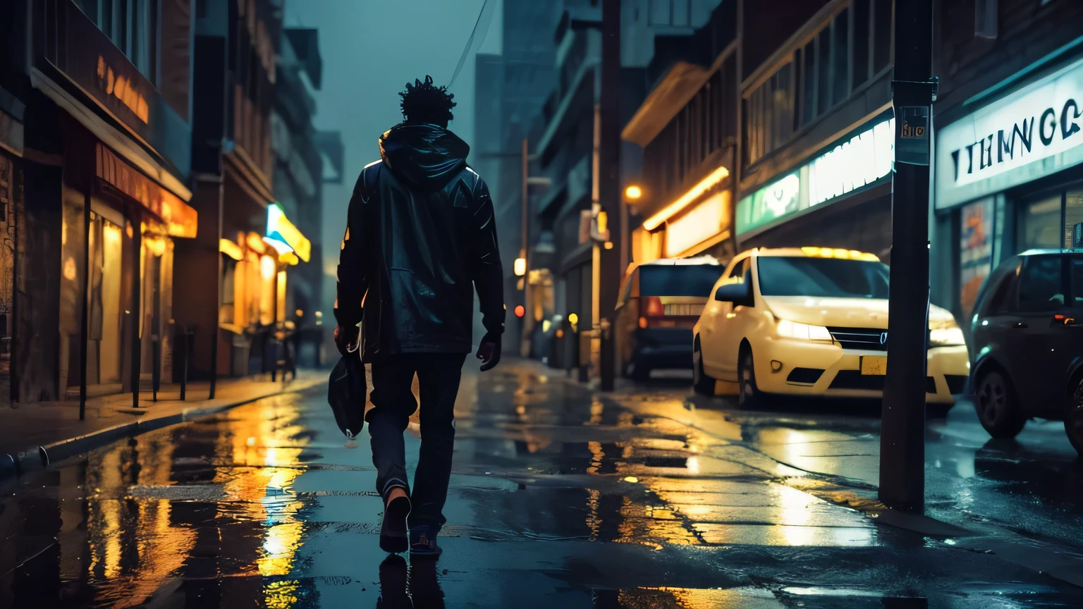 a poor african american man walking through a dimly lit city street at night, (best quality,4k,8k,highres,masterpiece:1.2),ultra-detailed,(realistic,photorealistic,photo-realistic:1.37),HDR,UHD,studio lighting,ultra-fine painting,sharp focus,physically-based rendering,extreme detail description,professional,vivid colors,bokeh,cinematic lighting,moody atmosphere,dystopian cityscape,neon signs,rain,puddles,gritty urban environment,homeless man,tattered clothes,determined expression,hands in pockets