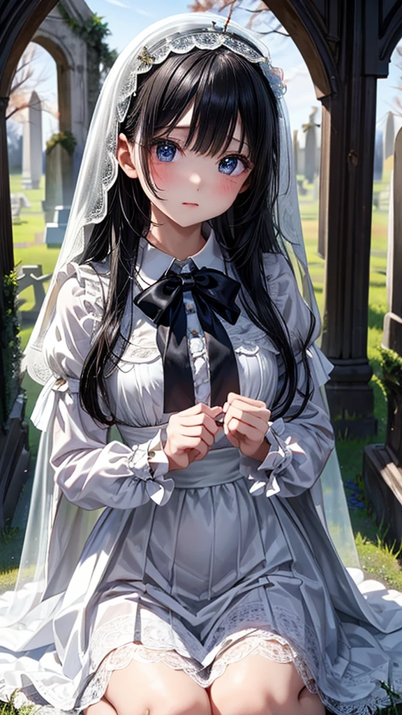 Very detailed、Accurate Fingers、high resolution、Ghost Girl、White Veil with Poetry Book、White long sleeve frilly dress、cute、Black Hair、A fragile face peering at me、beautiful、Abandoned Church、Western cemeteries