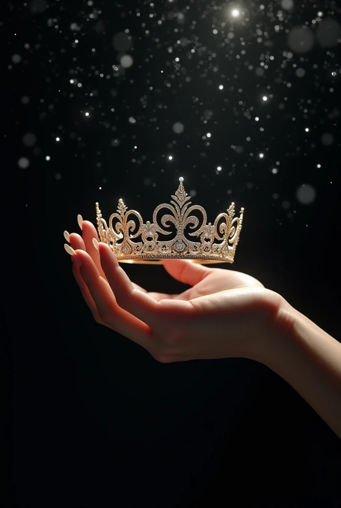  A hand hold a wedding crown, black backgroung with sparkles
