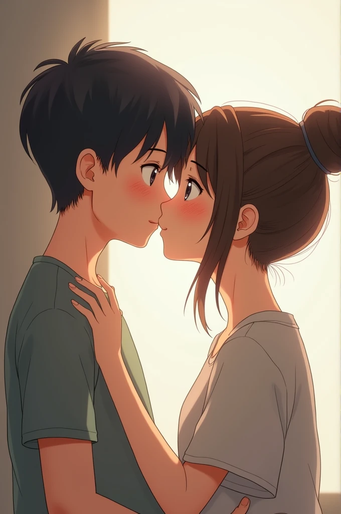 Girl with hair bun, grey t-shirt girl, kissing a boy on his eyes