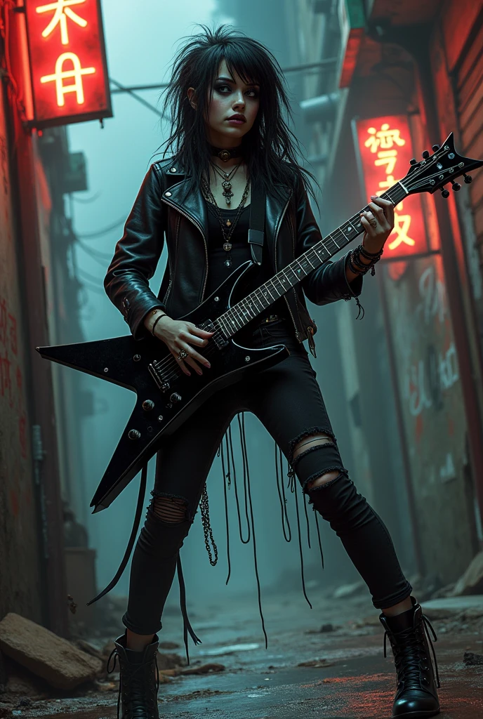 A gothic punk girl playing guitar