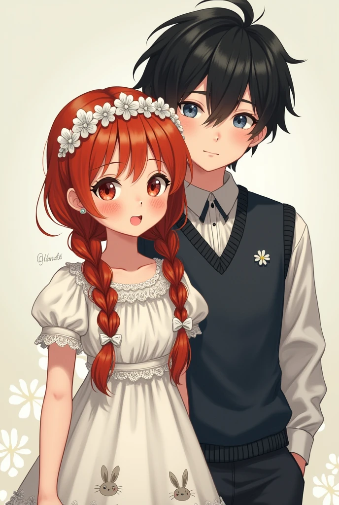 2d drawing of redhead ager with waist-length braided hair, with white loliress with lace and bunny print. Sweet and smiling face, Red pupils and soft freckles with a crown of white flowers.
and at his side a tall rebellious gentleman with serious gestures, He is attractive with white skin, layered black hair and feline light blue eyes, The one who wears a school uniform is overprotective and takes care of him.