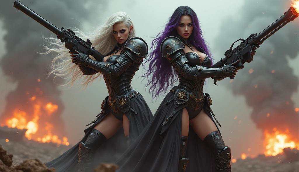 Masterpiece, Best Quality, Official Art, (Highly Detailed CG Unity 8k wallpaper), Detailed background, (Hands by Guido Daniele: 1.1). Full body pose sexy sisters of battle from the warhammer 40k, shooting at the enemy, white armor with intricate details, red armor with intricate details, religous symbols on the armor, sisters of battle, warhammer 40k, Massive silicone breast, pale skin, seductive, temptation, eat your soul, clevage, long flowing black hair with purple highlights, heavy gothic makeup, at night, neon, beautiful detailed eyes, beautiful detailed lips, extremely detailed eyes and face, long eyelashes, highly detailed armor, intricate futuristic weaponry, dramatic lighting, cinematic composition, muted color palette, gritty and realistic, mecha, science fiction, hyper-detailed, photorealistic, award winning digital art, 8k, HDR, masters work, in the middle of a battle field, full body combat action pose, explosions and fire around, full war, stunning, Stilleto heels, high heels, full body pose, cinematic, movie trailer, final stand!, nemesis, ready to strike, dust and debree, combat screams, attacking, shooting at the enemy, running forward, last line of defense, charging, fanatic, religious, templar knights, sisters of battle, warhammer 40k
