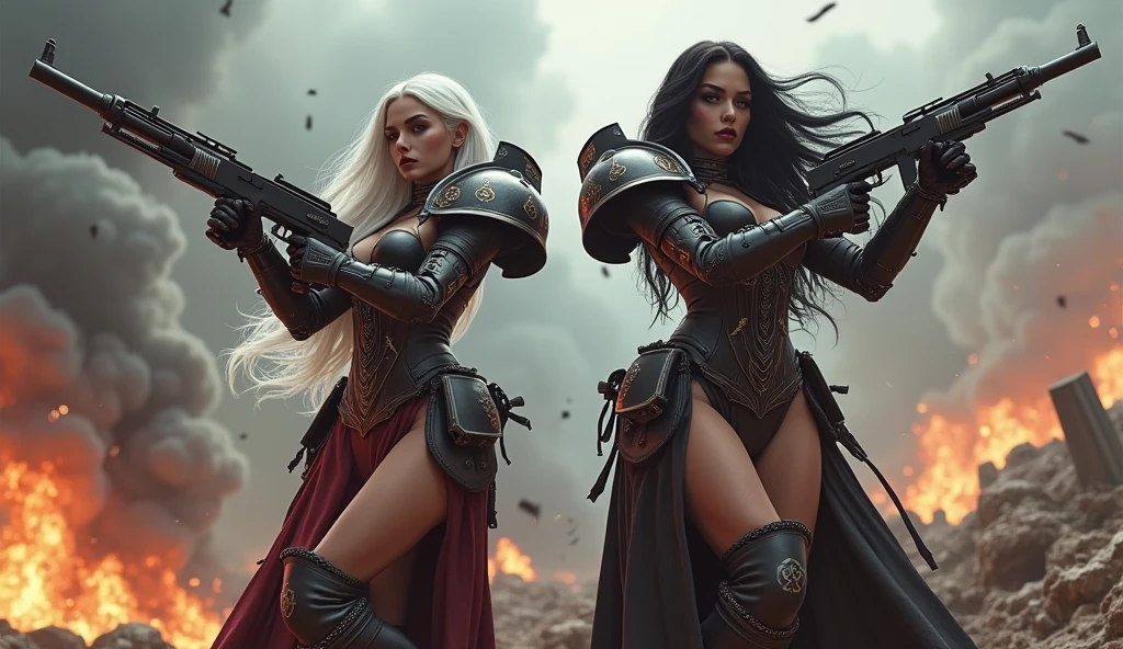 Full body pose sexy sisters of battle from the warhammer 40k, shooting at the enemy, sexy revealing space marine armor with intricate details, religous symbols on the armor, sisters of battle, warhammer 40k, Massive silicone breast, pale skin, seductive, temptation, eat your soul, clevage, long white flowing hair with red highlights, long black flowing hair with purple highlights, heavy gothic makeup, at night, neon, beautiful detailed eyes, beautiful detailed lips, extremely detailed eyes and face, long eyelashes, highly detailed armor, intricate futuristic weaponry, dramatic lighting, cinematic composition, muted color palette, gritty and realistic, mecha, science fiction, hyper-detailed, photorealistic, award winning digital art, 8k, HDR, masters work, in the middle of a battle field, full body combat action pose, explosions and fire around, full war, stunning, Stilleto heels, high heels, full body pose, cinematic, movie trailer, final stand!, nemesis, ready to strike, dust and debree, combat screams, attacking, shooting at the enemy, running forward, last line of defense, charging, fanatic, religious, templar knights, sisters of battle, warhammer 40k