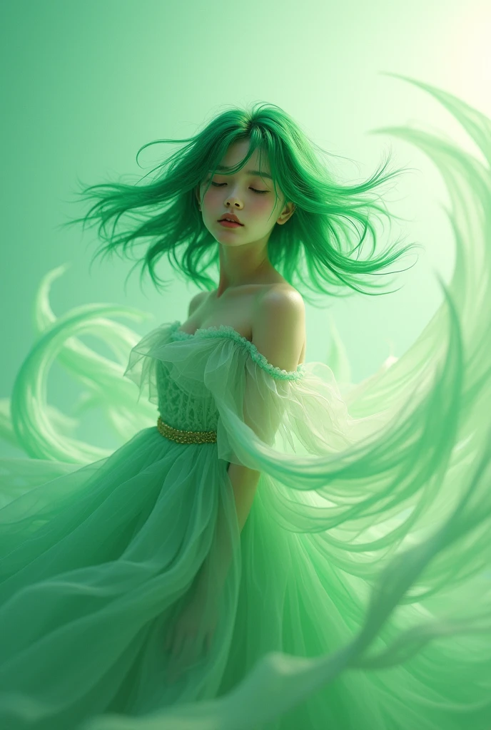 High resolution,optical illusion,Girl,green hair,green and white dress, wind aura.