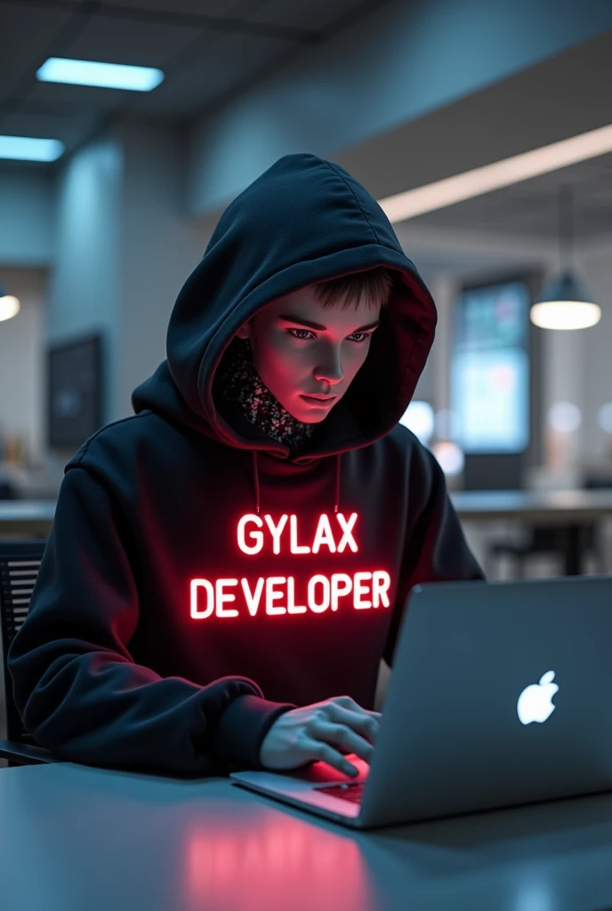 GIVE A FUTURISTIC BACKGROUND ON WHICH A Humanoid robot sitting DOING CODING ON A
Open LAPTOP , wearing a BLACK HOODIE WHICH HAVE A TEXT APPEAR IN NEON Red COLOR TEXT IS
"G Y L A X " " DEVELOPER " IN CLEAR WORDS VISIBLE TO US
IT SHOULD BE IN capital letter,,
IT SHOULD BE GYLAX NOT GALAXY
Humanoid robot face half covered with hoodie
Humanoid robot background should be attractive
Hoodie come over to eyes
Laptop not visible make it visible
Humanoid face have a attractive look or something like this image looks very amazing fantastic
Half covered face with hoodie
Laptop and humanoid both should visible a big image and
Attractive background like developers
Humanoid size is too big make it some small
Laptop should be of apple brand
Remove blur background and make it coder type
Table lamp too and all colours into grey
It's position in a diagonal way
LISTEN do one thing make this humanoid back side and also show text on its back
just move its face down to laptop screen and its face should look like a young human
MORE HANDSOME MAN FACE AND A TABLE LAMP
Diagonal sit and more handsome face