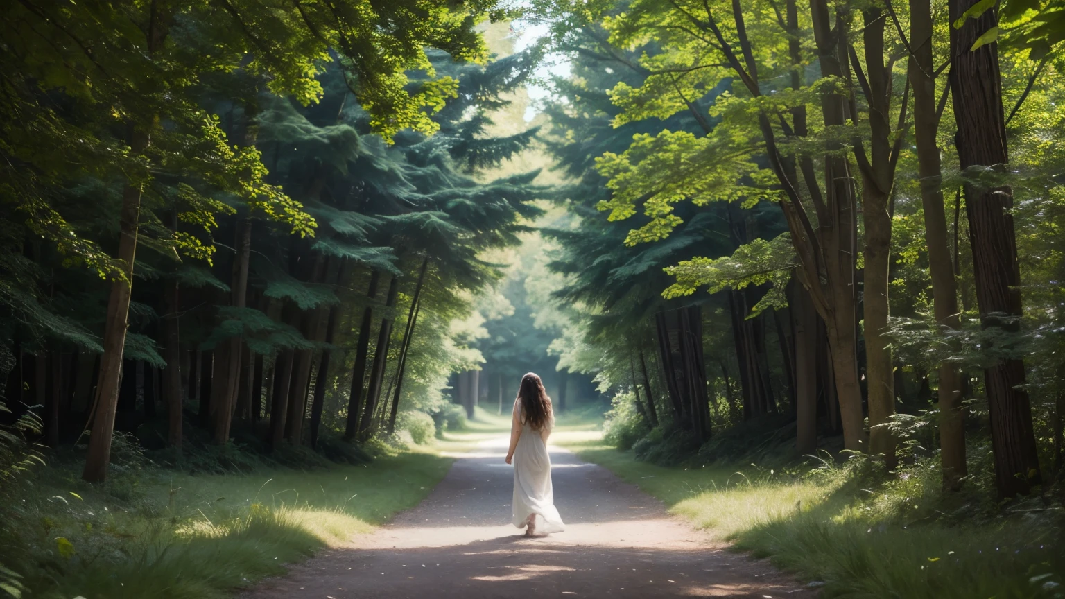 A serene scene of a woman walking along a long, seemingly divinely blessed path beside a calm body of water. The scene is bathed in soft, natural light, creating a peaceful atmosphere. The woman is dressed in a long, flowing, light-colored dress, and her hair is gently tousled by a light breeze. The surrounding nature includes greenery and a hint of soft sunlight filtering through the trees, emphasizing the tranquility. No text in the image.