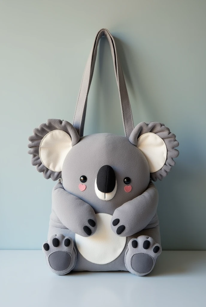 Fabric bag with a design of a koala's arms on the edges of the grey bag