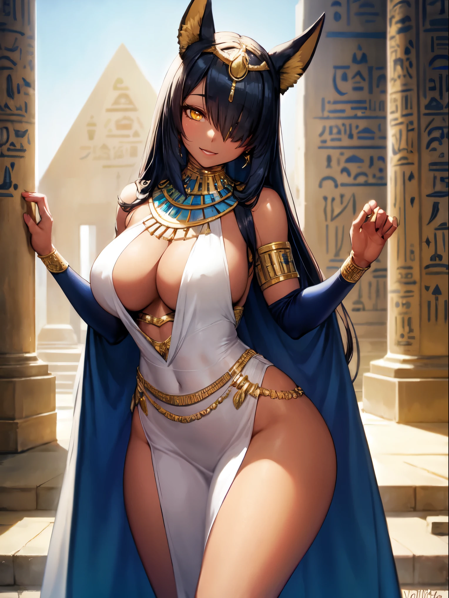 (SLE, mksks style, detailed background:1.1), (solo:1.3), mature, woman, dark skin, ornate egyptian dress, long hair, black hair, beautiful hair, hair over eye, yellow_eyes, voluptuous body, happy, portait, head tilt, volumetric lighting, (outdoor:1.3), egyptian house, colorful, large breasts, nice hips,  female anubis, egyptian clothes, egyptian mythology, white silk,