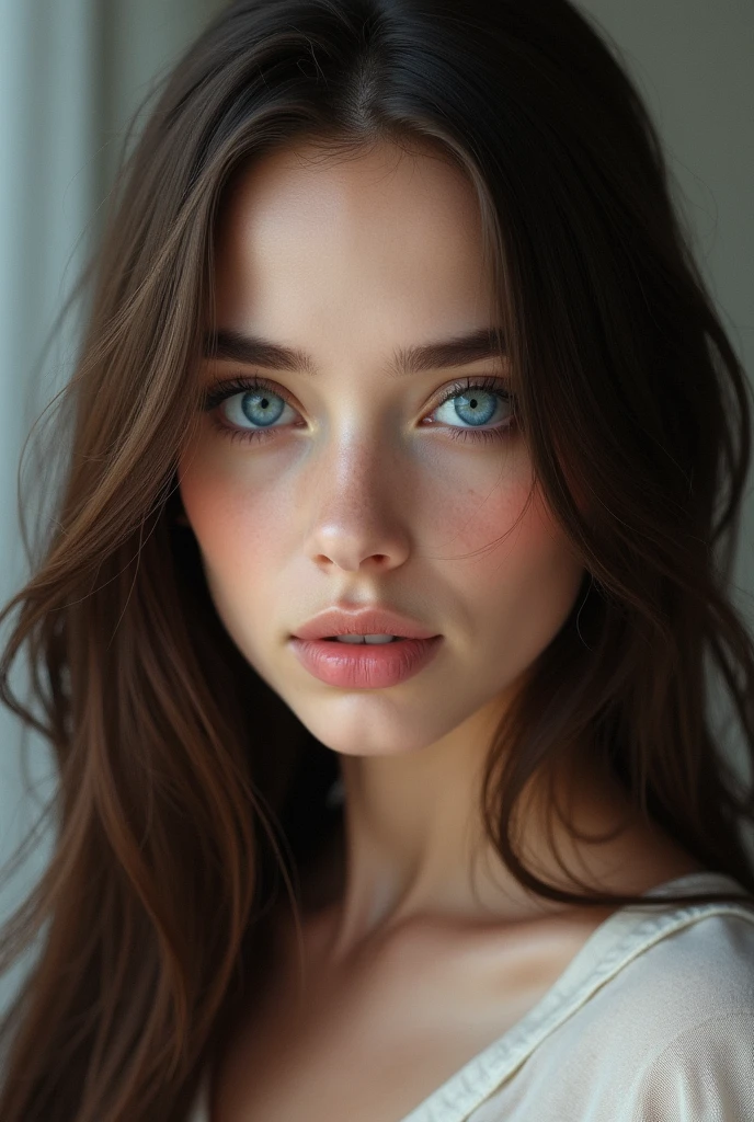 Real brunette woman 2 brunette blue eyes rete elongated long straight hair 