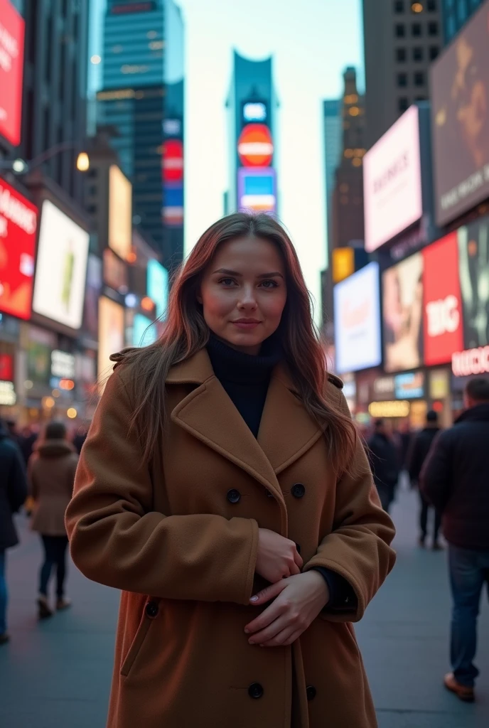  (4k) aesthetic picture of beautiful chubby russian girl in overcoat blushing at time square 