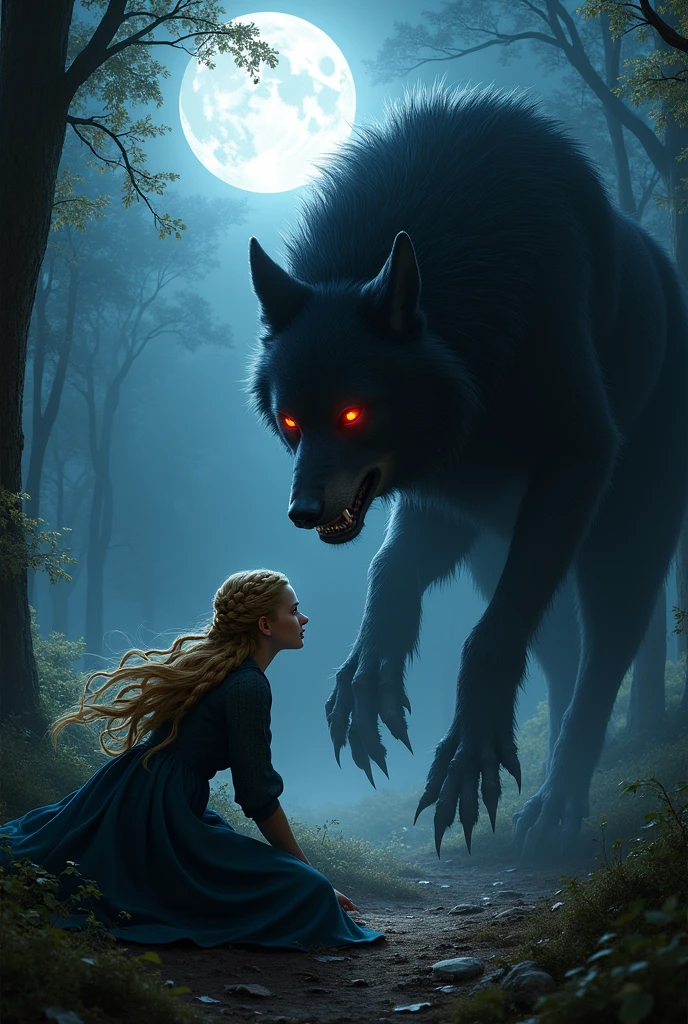 A woman young, blonde hair golden colored strands, 20 year, dressed in Sansa Stark style, fallen on the ground in fear, above her a black werewolf with red eyes looking at her, in the forest on a full moon night