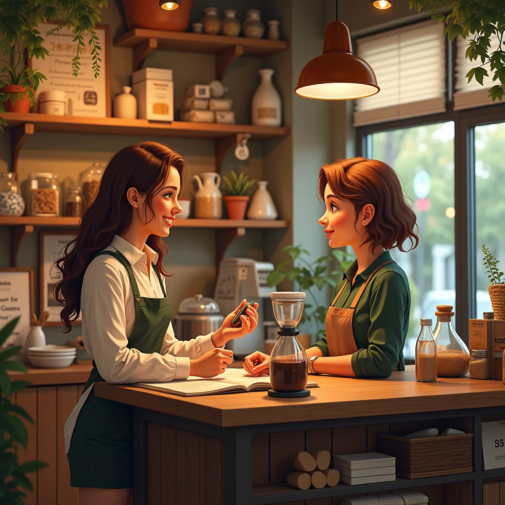 A cozy, welcoming shop interior with warm lighting and a friendly atmosphere. The shop is designed with care, featuring neatly arranged products on wooden shelves, a smiling shopkeeper offering personalized advice to a customer. The customer looks satisfied, holding a product they just purchased. There are small touches like handwritten thank-you notes, a coffee machine offering free drinks, and a suggestion box showing that the shop values customer feedback. The overall feeling is one of genuine care and connection between the shop and its customers