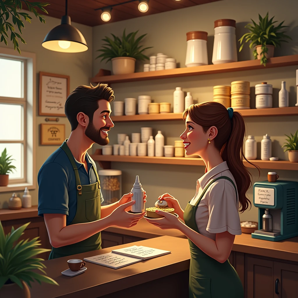 Cozy morning scene: A warm and inviting coffee shop with rustic wooden tables and plush armchairs. Soft golden light pours in through large windows, casting a comforting glow on the rich aromas of freshly brewed coffee. The barista, dressed in a crisp white apron, expertly crafts a velvety latte as a few customers linger over their morning newspapers.