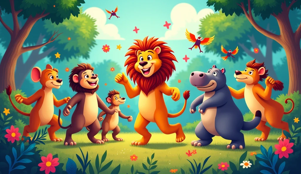 🦁 "It’s the Animal Dance Party,
Where everyone has fun,
Let’s dance and groove all day long,
Come on, everyone!"