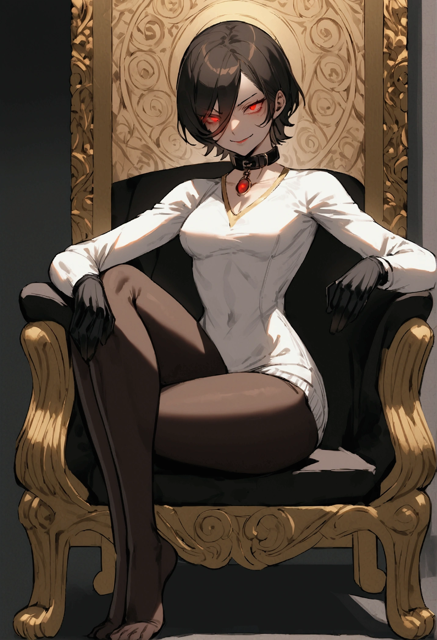 The eyes,fully body,sitting with legs open,alone,short hair,work of art,face detailed,young fitness linda,Wearing black pantyhose,tight white sweater with collar ,neckleace,evil smile,red eyes glowing,labiaa,eye shadow,bangs on the eyes,black gloves,usando The eyes,full body on display,corpo sexy,sitting on a chair
