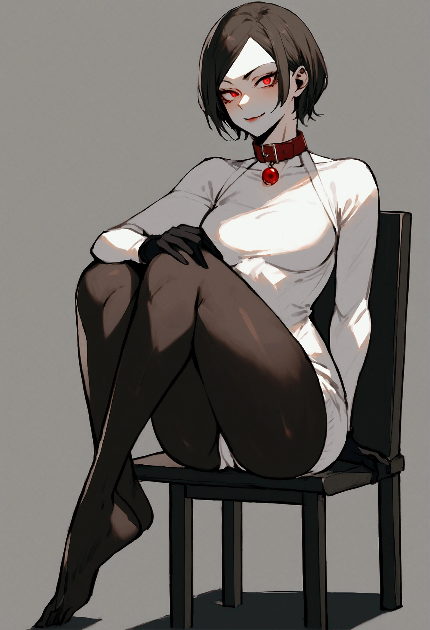 The eyes,fully body,sitting with legs open,alone,short hair,work of art,face detailed,young fitness linda,Wearing black pantyhose,tight white sweater with collar ,neckleace,evil smile,red eyes glowing,labiaa,eye shadow,bangs on the eyes,black gloves,usando The eyes,full body on display,corpo sexy,sitting on a chair