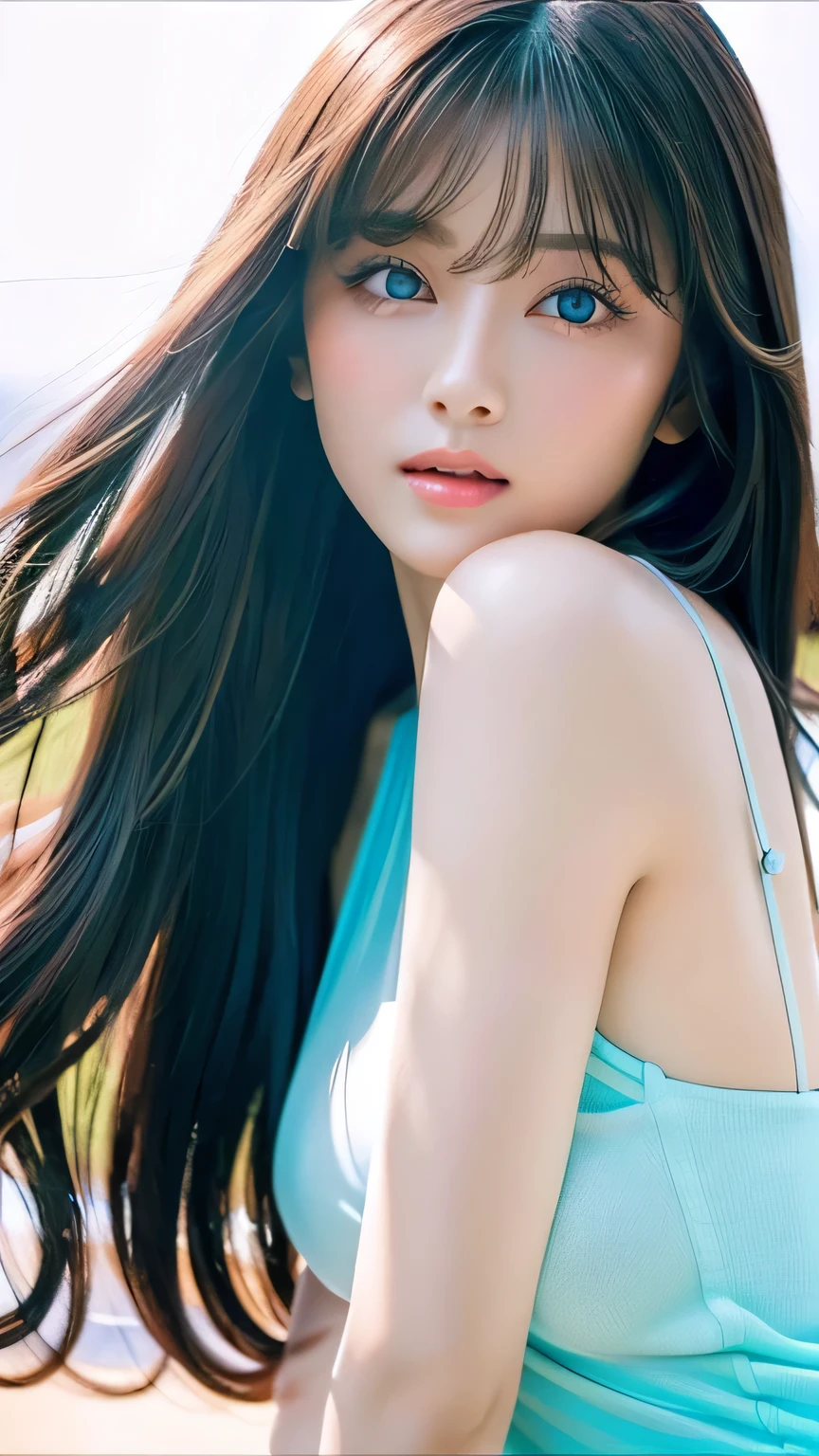 Unparalleled beauty, Shiny, firm, glowing skin, Bangs between the eyes, Beautiful luster,  Super long wavy hair with bangs, Super long straight silky hair, eyeliner, sexlyで美しい無邪気なギャル, High resolution, Very bright and beautiful big glowing light blue eyes、Very big eyes、Beautiful and adorable, ((Huge ))、((erotic、sexly、超High resolution、The lighting is bright、Precise needles without discomfort))、