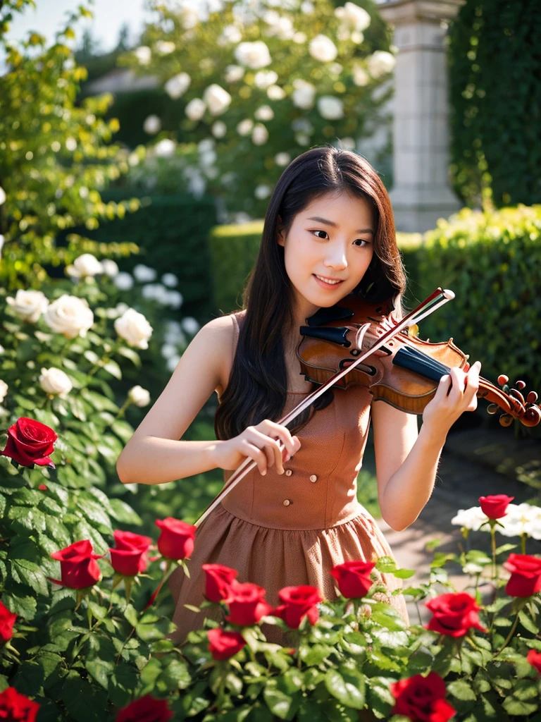 Beautiful lady playing violin in the roses garden
