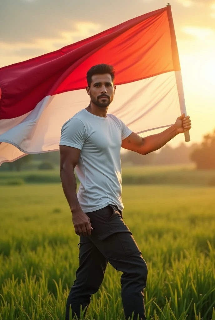 (photorealism:1.2), A man(white t-shirt and black cargo pants) waving the Indonesian flag on a fresh green meadow accompanied by the rising morning sun, looking at the camera