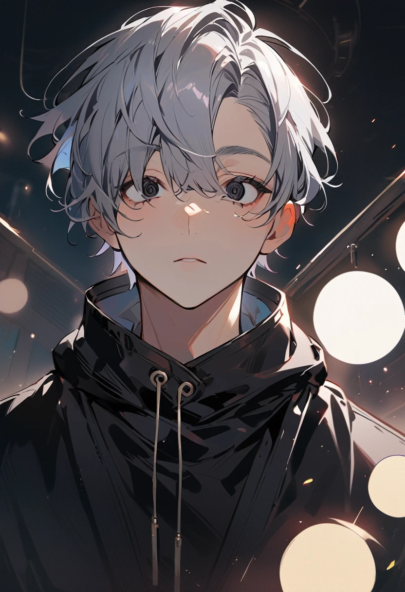 handsome boy with grey hair and black eyes,(circle eyes:1.2), barber cut, well-shaped nose, closed lips, wears a black jacket